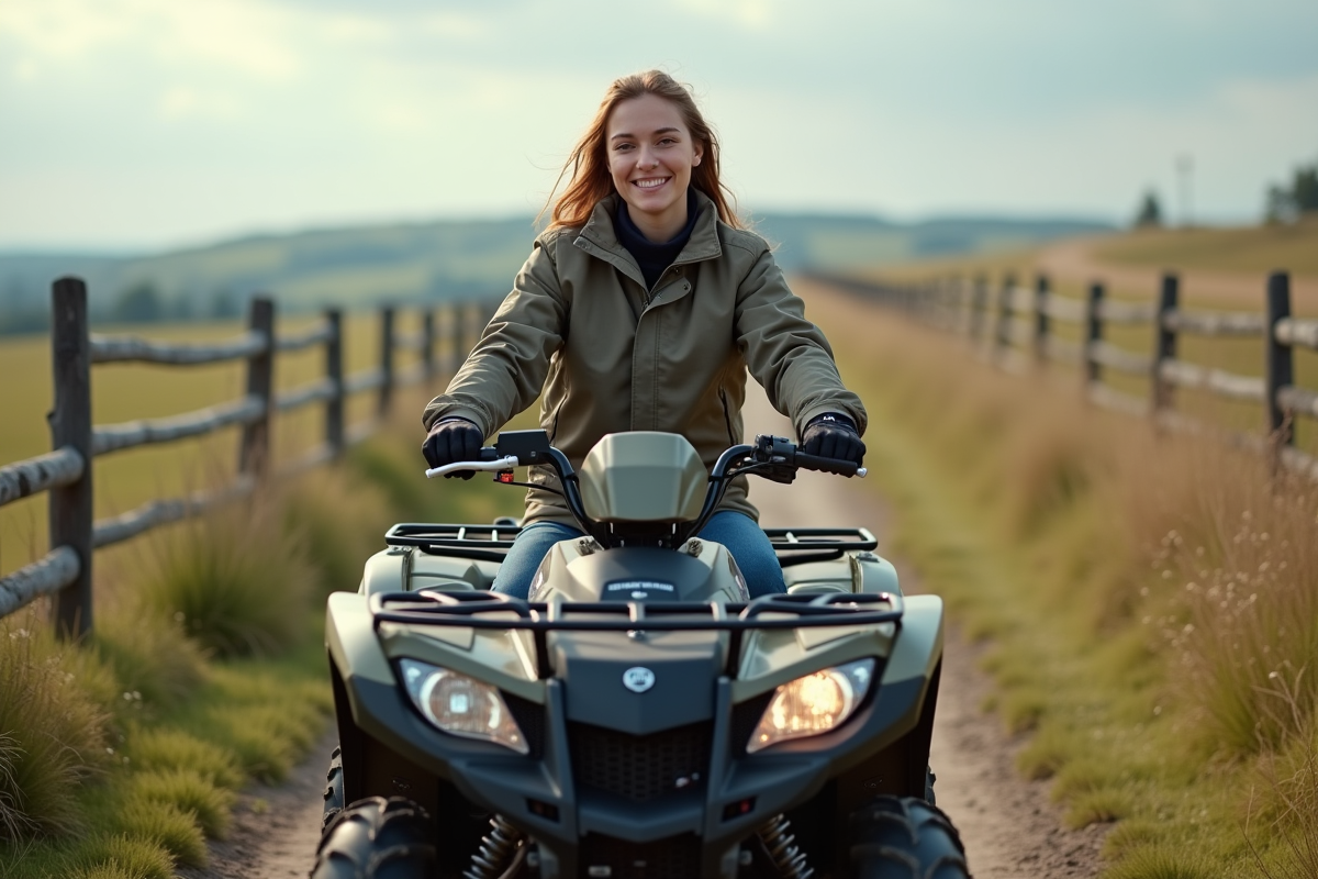 Jeune femme en extérieur sur un quad en campagne