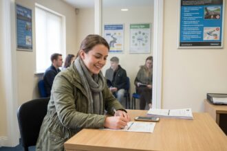 Jeune femme souriante dans une autoecole en train de remplir un formulaire