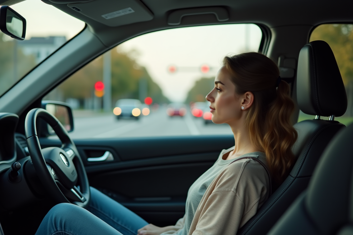 Jeune femme dans une voiture regarde le feu rouge