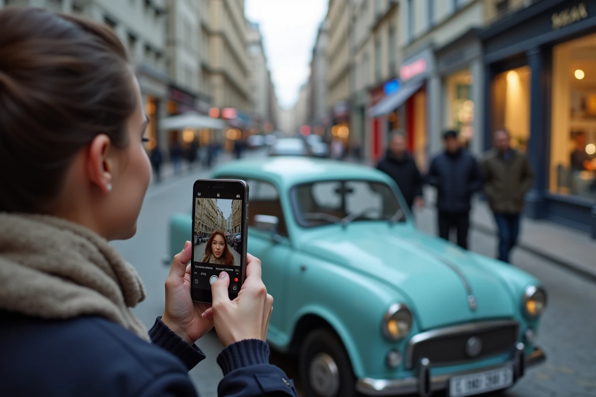 Jeune femme montrant une image virale devant une voiture rétro en ville