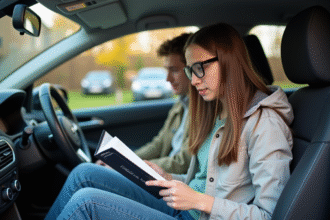 Jeune fille lisant le Code de la Route dans la voiture