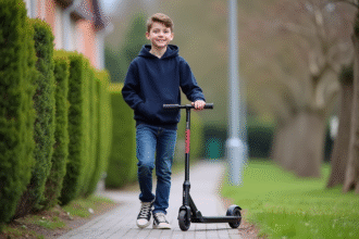 Jeune garçon de 14 ans avec scooter dans un quartier résidentiel