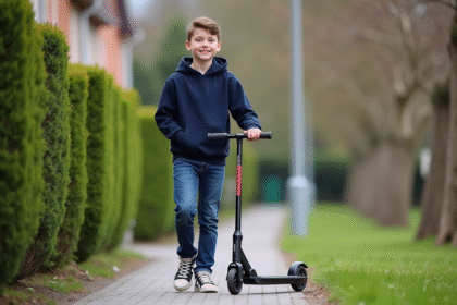 Jeune garçon de 14 ans avec scooter dans un quartier résidentiel