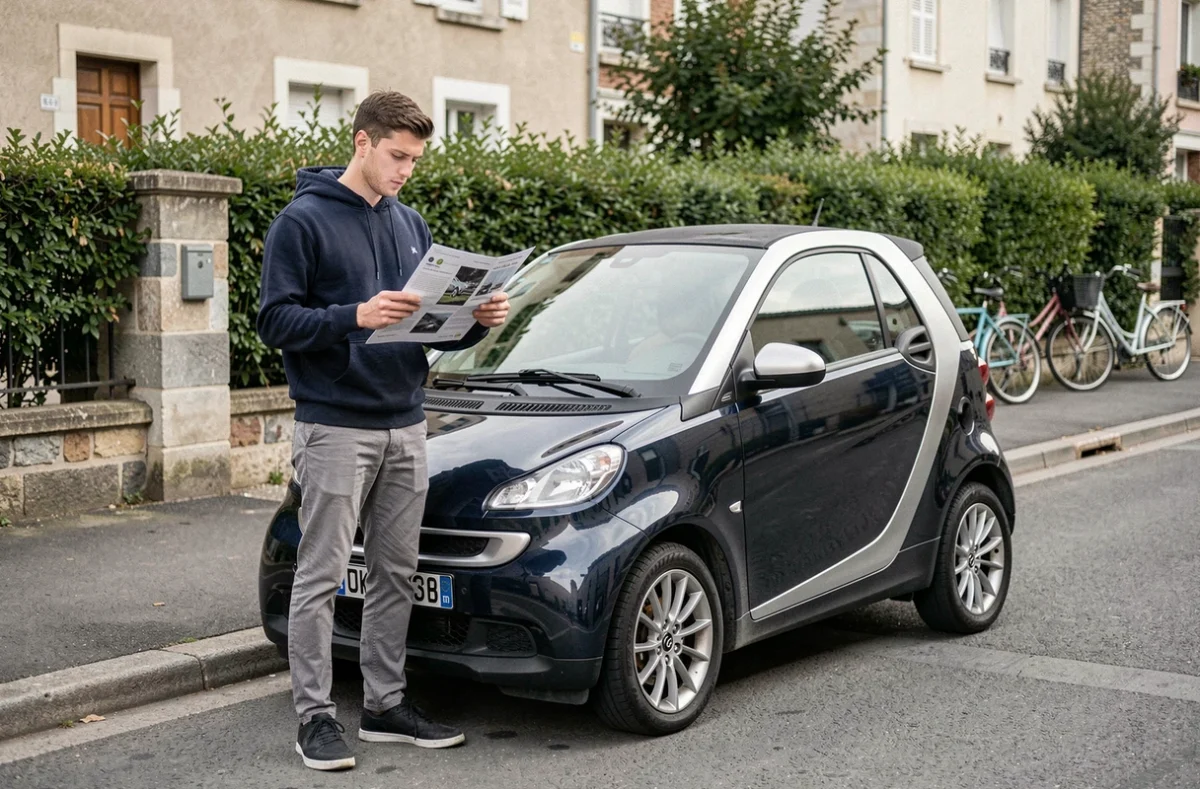 Jeune homme comparant des brochures de voitures sans permis dans une rue résidentielle