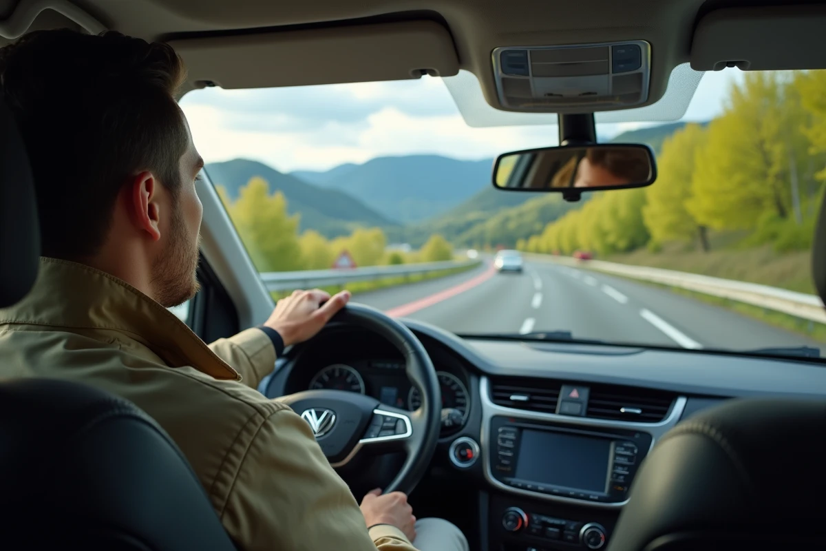 Jeune homme conduisant sur une autoroute pittoresque