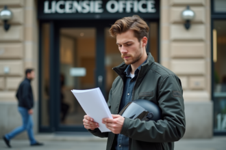 Jeune homme lisant un document devant un bureau de licence