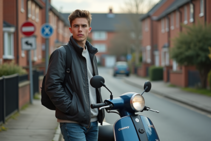 Jeune homme avec moped dans une rue calme de banlieue