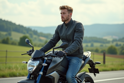 Jeune homme en moto dans la campagne au coucher du soleil