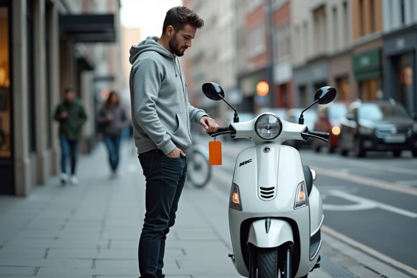 Jeune homme comparant le prix d'un scooter 50cc neuf dans une rue urbaine