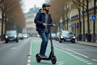Jeune homme en scooter électrique dans une rue parisienne