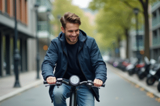 Jeune homme en windbreaker sur scooter en ville
