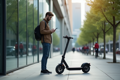 Jeune homme urbain avec scooter électrique en ville