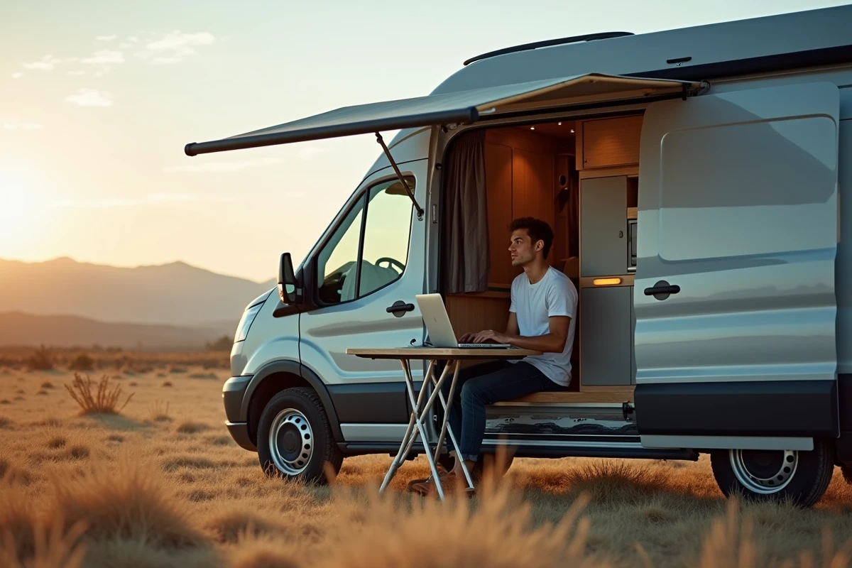 Jeune homme travaillant sur ordinateur à la van