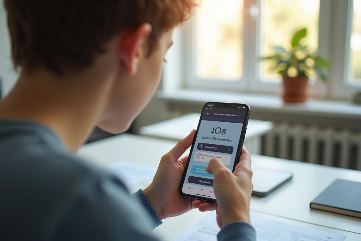 Jeune vérifiant ses points de permis sur téléphone dans un bureau lumineux