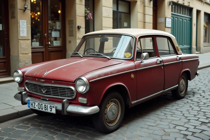 Lada 2107 classique rouge bordeaux garée dans une rue pavée d'une ville de province française, façades en pierre et boulangerie en arrière-plan