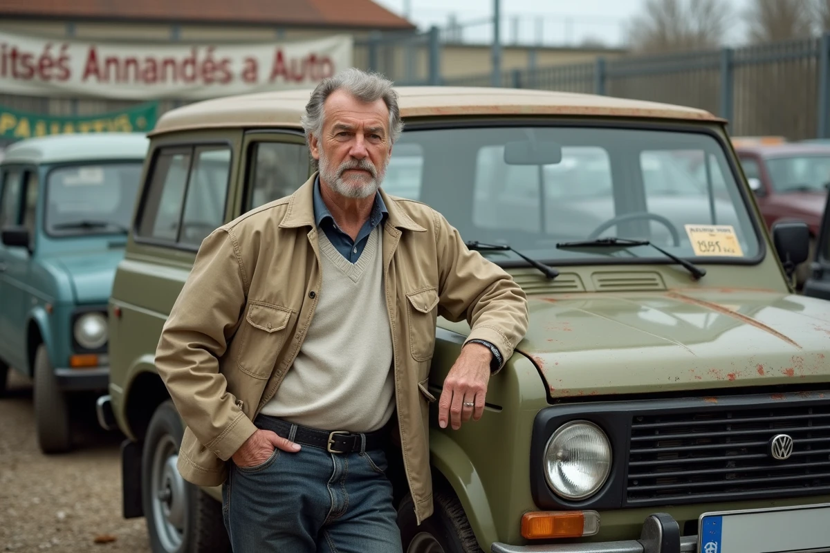 Homme d'une cinquantaine d'années appuyé contre une Lada Niva verte dans un parking de voitures d'occasion en France avec des étiquettes de prix sur les pare-brises