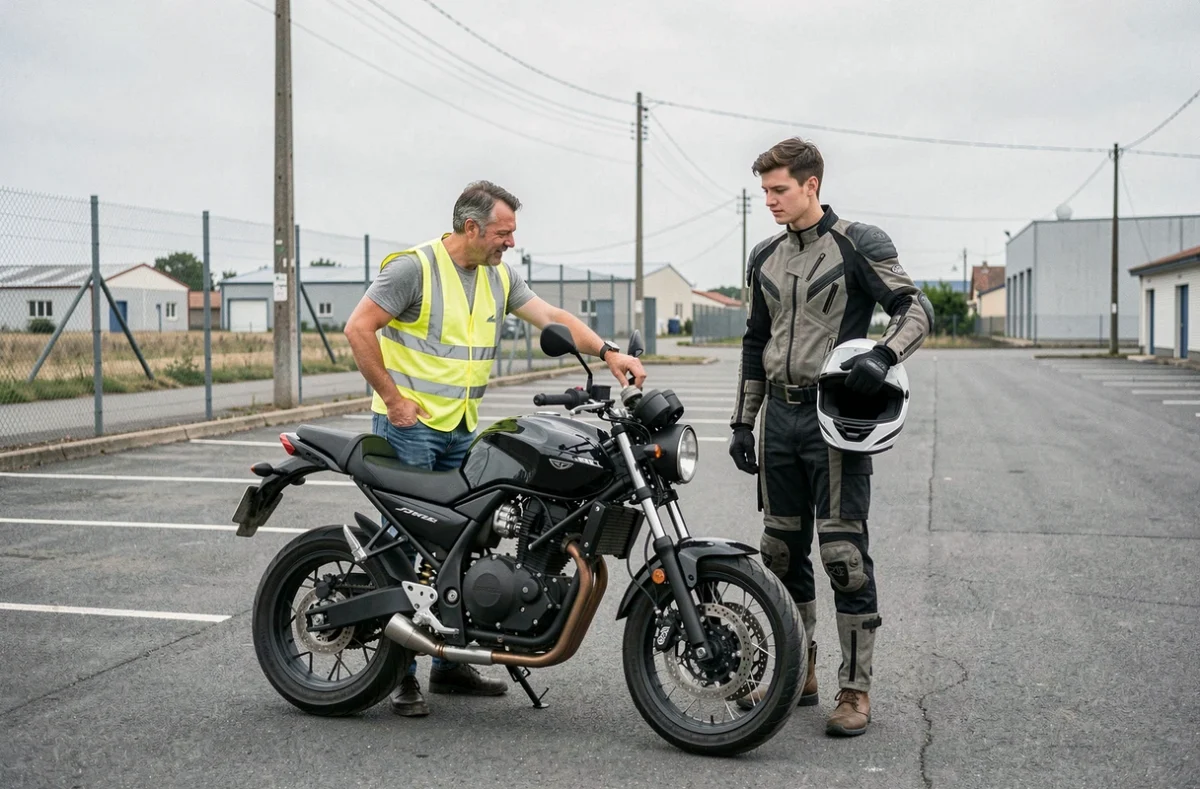 Un moniteur de LARS Auto-Moto Ecole dans le Val-de-Marne présentant les commandes d'une moto à un élève équipé sur un plateau d'apprentissage