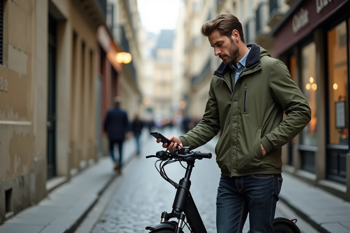 Livreur en scooter électrique cargo consultant son GPS dans une ruelle pavée de Paris