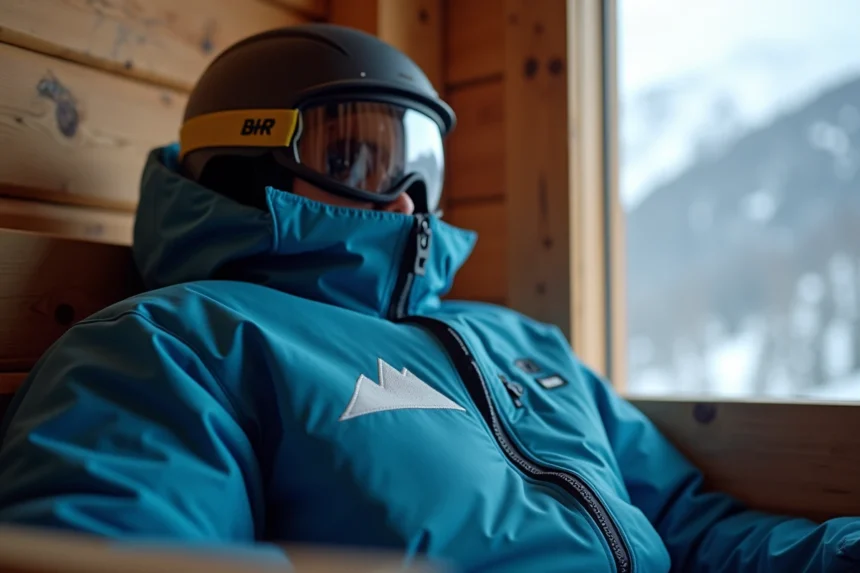 Gros plan sur un logo alpin bleu et blanc brodé sur une veste de ski dans un chalet de montagne