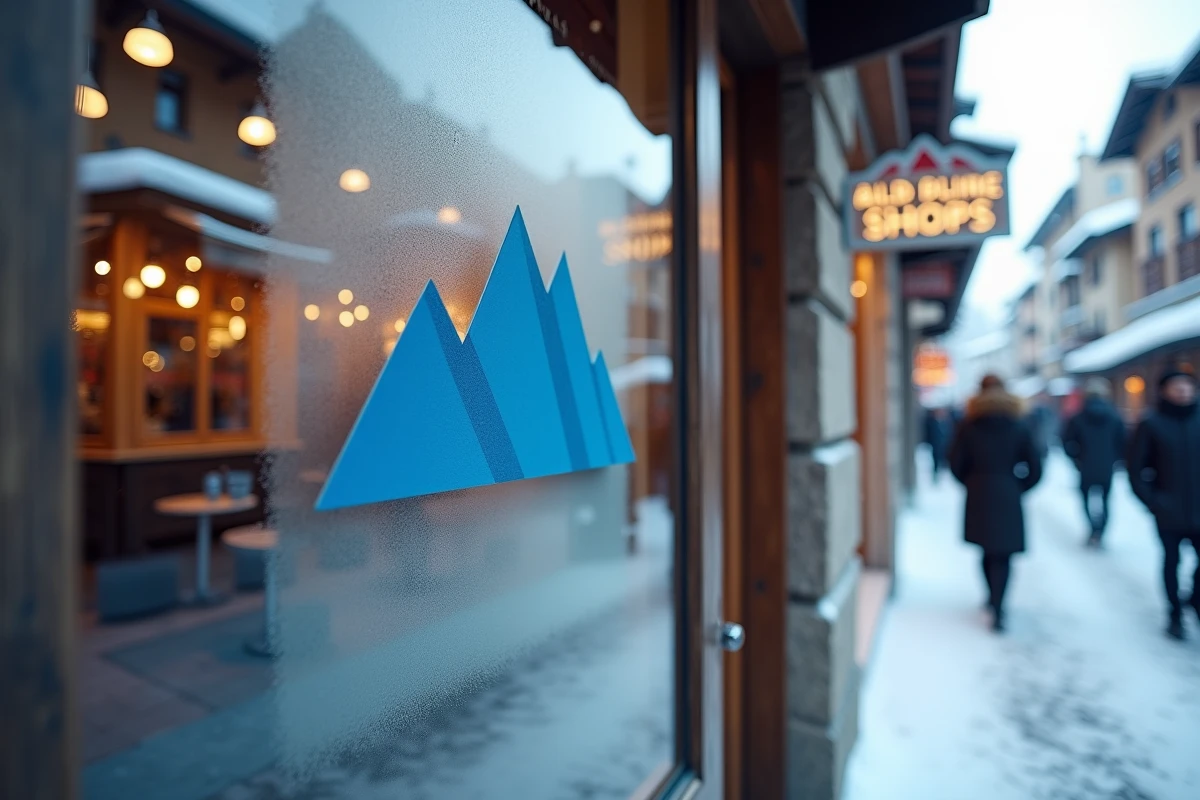 Logo alpin bleu et blanc sur la porte en verre givré d'une boutique de sports de montagne en village alpin