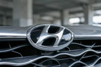 Gros plan macro sur le logo Hyundai chromé sur la calandre d'une berline moderne, détail métallique haute définition