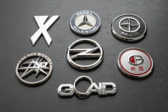 Gros plan de plusieurs logos de voitures en chrome et métal disposés sur une surface en acier brossé sombre, révélant les détails sculptés et la symbolique des emblèmes automobiles