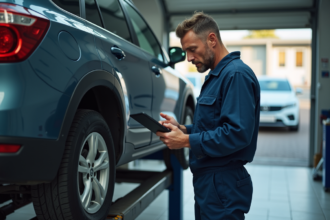 Mécanicien homme en overalls examine une voiture en atelier