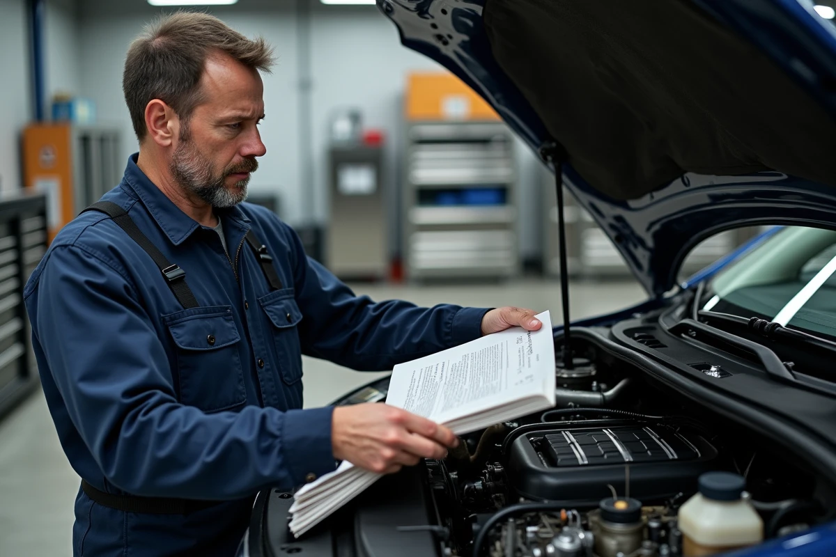 Mécanicien homme en overalls examine moteur voiture