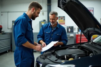 Mécanicien en bleu discutant avec un client devant la voiture