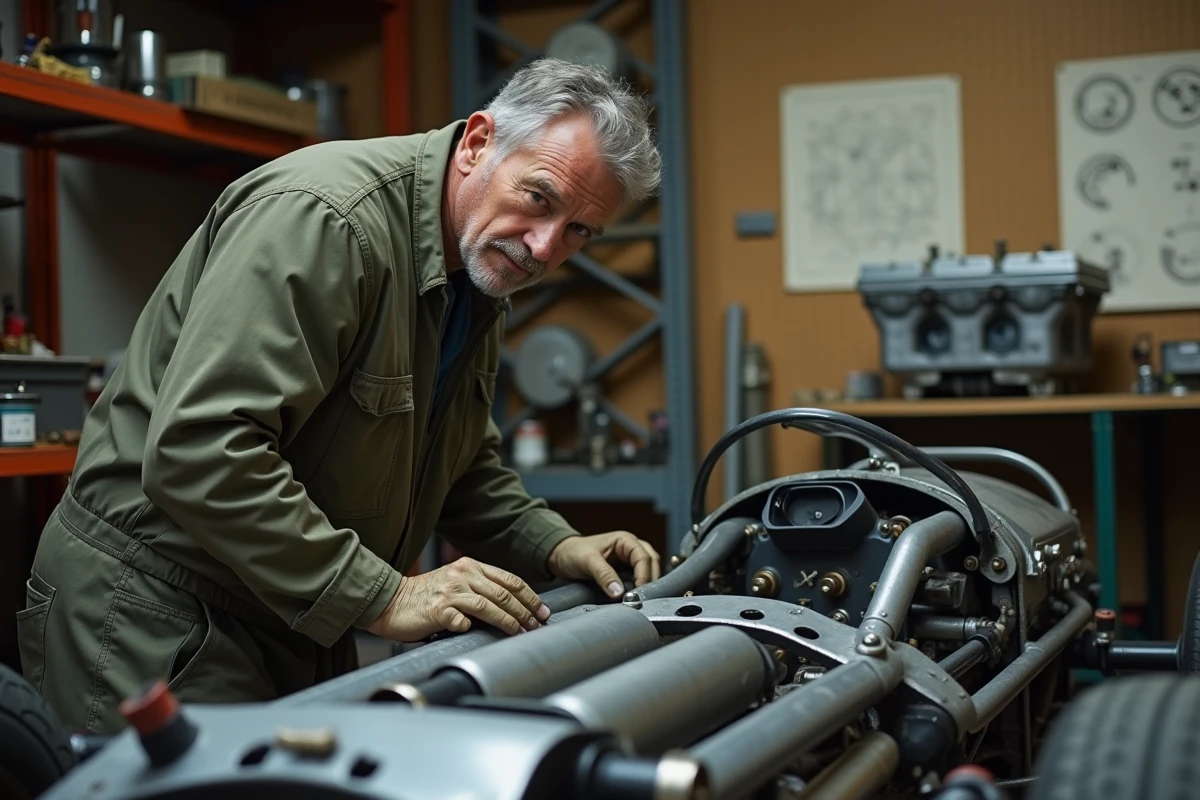 Mécanicien expert travaillant sur le châssis tubulaire aluminium d'une reconstruction de Porsche 550 Spyder dans un atelier authentique