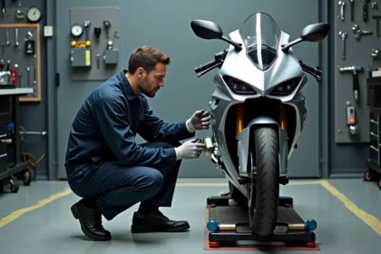 Mécanicien professionnel inspectant le système de freinage d'une moto lors d'un contrôle technique en garage agréé