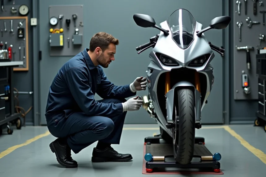 Mécanicien professionnel inspectant le système de freinage d'une moto lors d'un contrôle technique en garage agréé