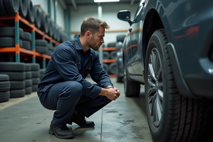 Mécanicien en garage physique examinant un pneu monté sur une voiture lors d'un remplacement de pneumatique