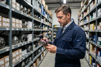Mécanicien professionnel gérant le stock de pièces automobiles dans un atelier organisé avec rayonnages métalliques