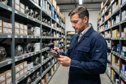 Mécanicien professionnel gérant le stock de pièces automobiles dans un atelier organisé avec rayonnages métalliques