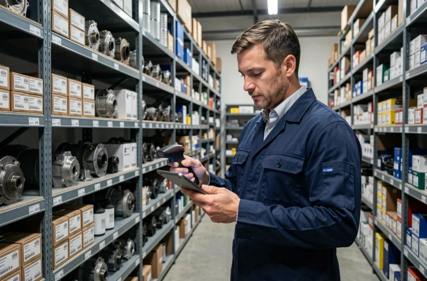 Mécanicien professionnel gérant le stock de pièces automobiles dans un atelier organisé avec rayonnages métalliques