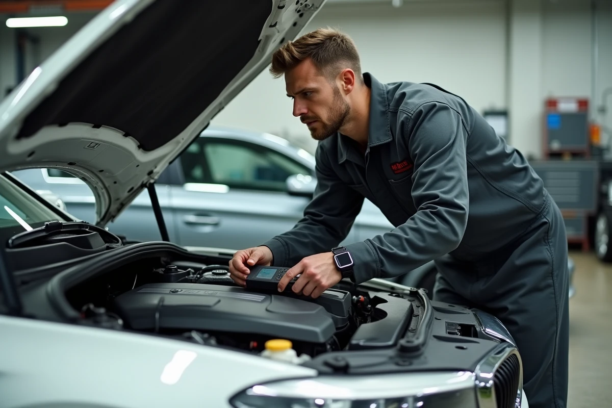 Mécanicien inspectant la batterie d'une BMW dans un garage automobile après allumage du voyant