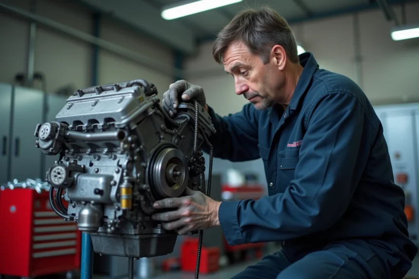 Mécanicien professionnel inspectant la chaîne de distribution d'un moteur 1.6 HDi dans un atelier automobile