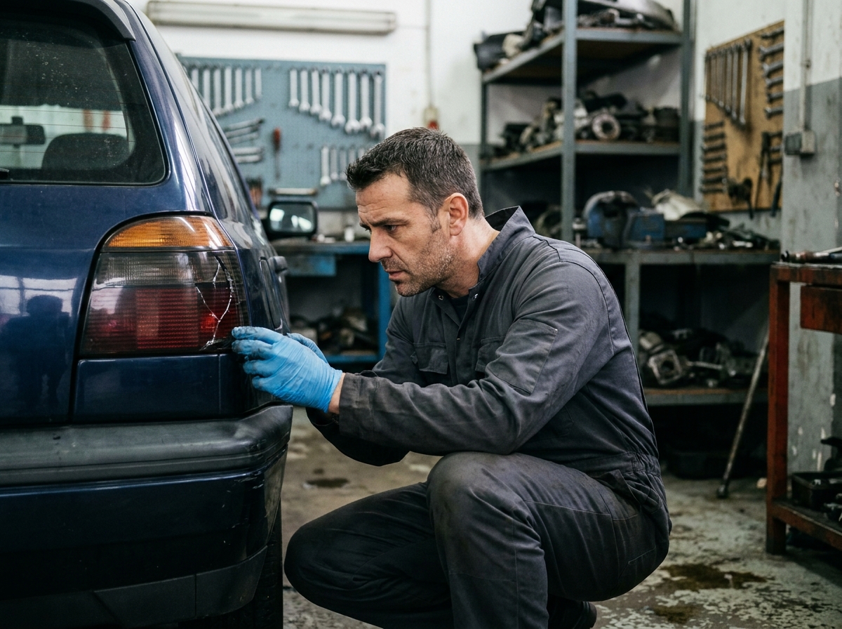 Mécanicien inspectant un feu arrière cassé à l'intérieur d'un garage automobile