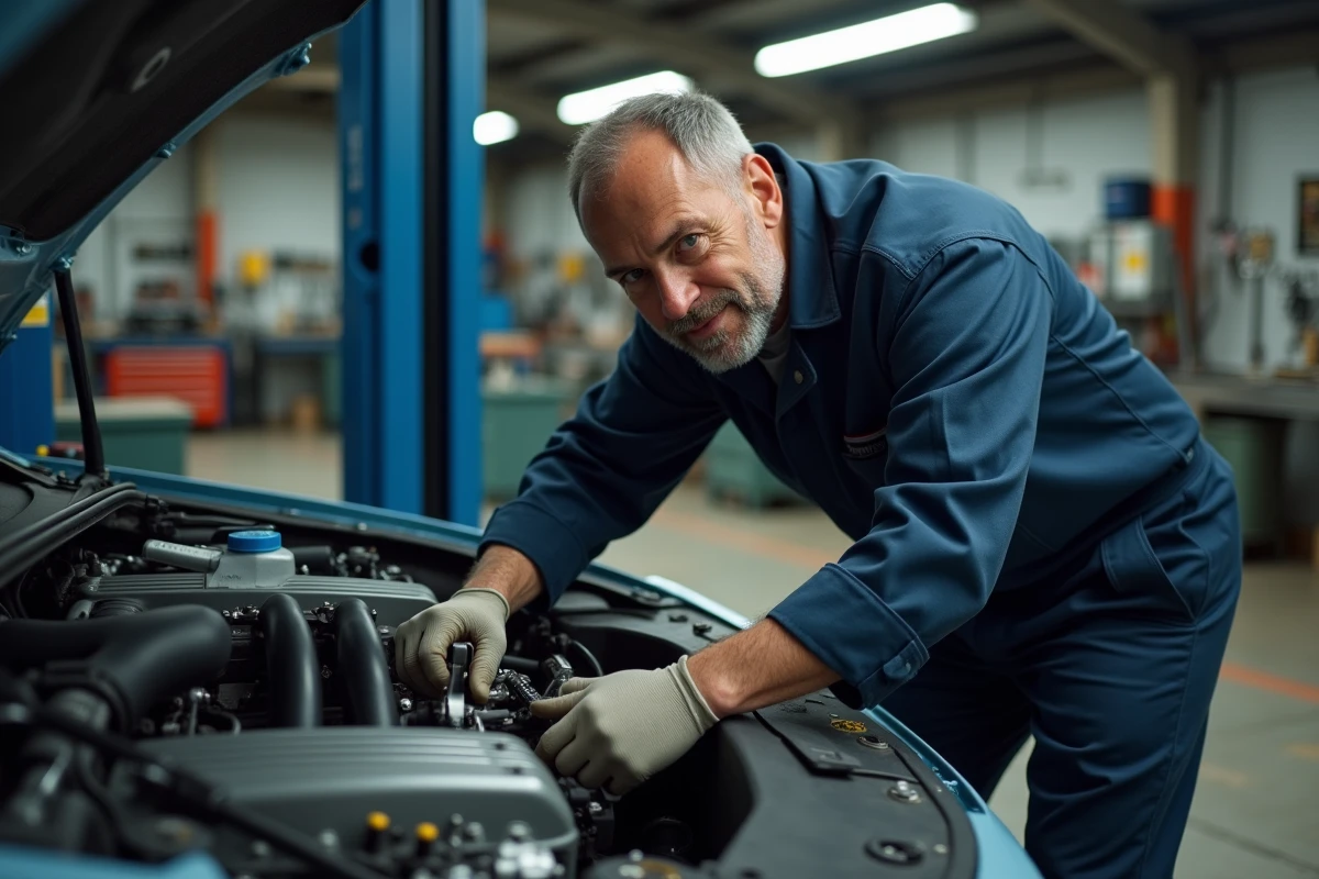 Mécanicien automobile inspectant un moteur dans un garage, analysant l'usure liée à une utilisation prolongée à haute vitesse