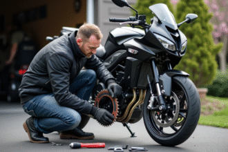 Mécanicien homme installant un pignon avant sur sa moto dans une cour