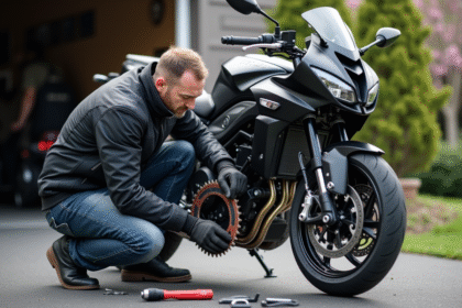 Mécanicien homme installant un pignon avant sur sa moto dans une cour