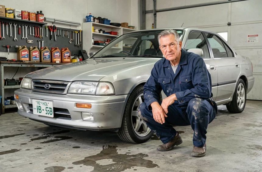 Mécanicien expérimenté inspectant une berline essence fiable des années 2000 dans un garage indépendant