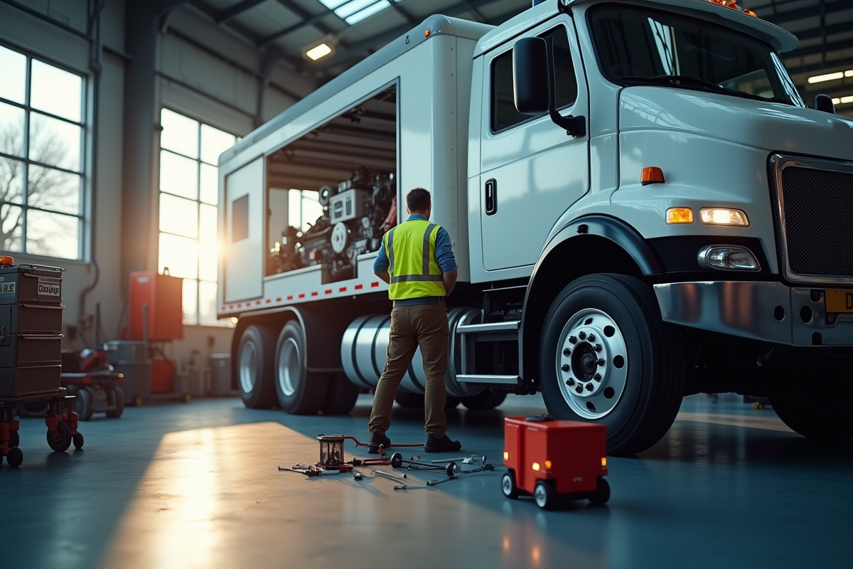 Mécanicien en gilet réfléchissant vérifiant un camion blanc