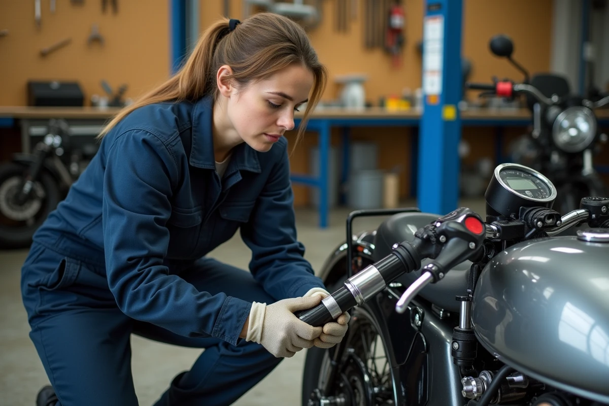 Mécanicienne spécialisée réglant les commandes adaptées d'un side-car pour personne handicapée dans un atelier moto