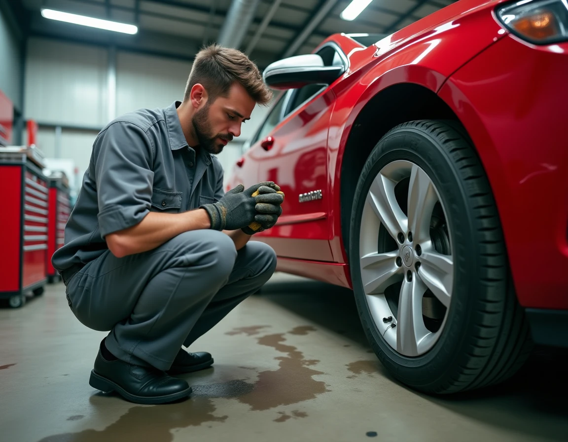 Mécanicien inspectant le filtre à huile d'une Chevrolet Impala dans un garage automobile professionnel
