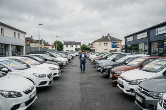 Vue grand angle d'un grand parking de concessionnaire de voitures d'occasion dans le Val-de-Marne avec des rangées de véhicules propres et un vendeur marchant entre les voitures