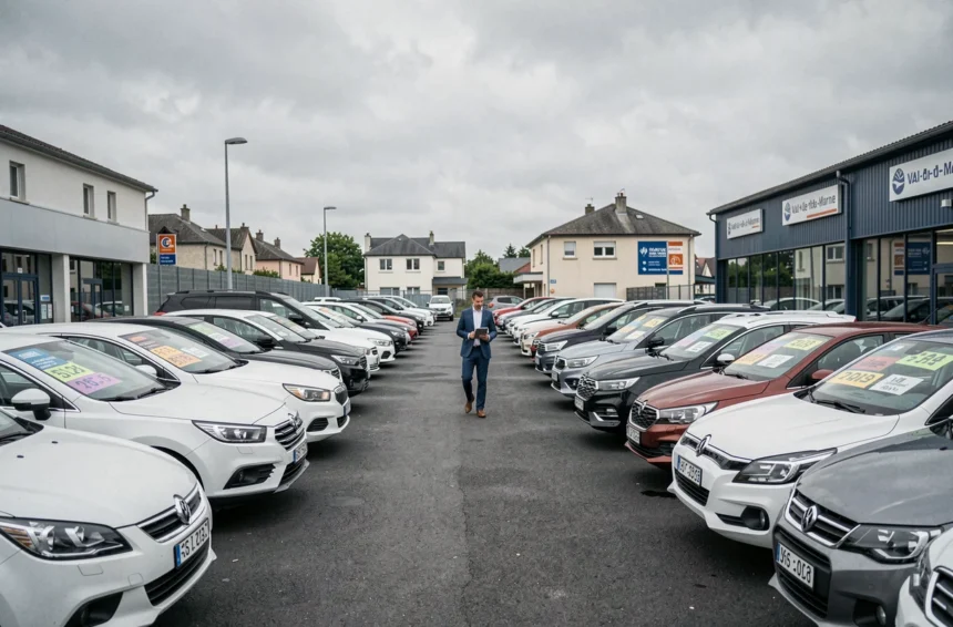Vue grand angle d'un grand parking de concessionnaire de voitures d'occasion dans le Val-de-Marne avec des rangées de véhicules propres et un vendeur marchant entre les voitures