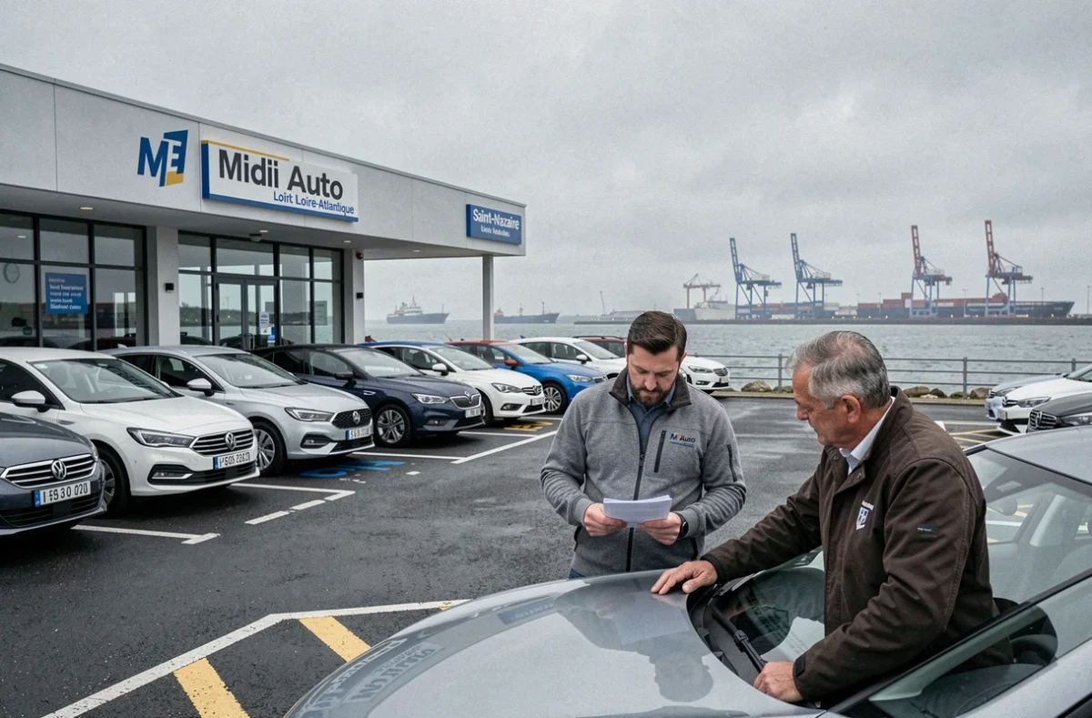 Concession Midi Auto à Saint-Nazaire avec véhicules exposés et vue sur l'estuaire de Loire en arrière-plan
