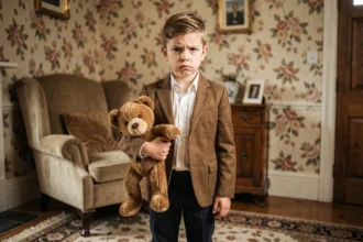 Jeune garçon déguisé en Mini Mr. Bean avec veste en tweed marron et nounours sous le bras dans un salon britannique vintage